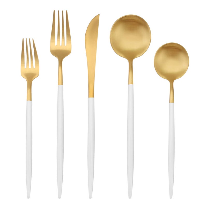 Bysta Matte Gold Silverware Set with white handle, Bysta 5-Piece Stainless Steel Flatware Set, Kitchen Utensil Set Service for 1, Tableware Cutlery Set for Home and Restaurant, Satin Finish, Dishwasher Safe - Image 1
